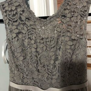 David’s Bridal cocktail bridesmaid dress gray lace top